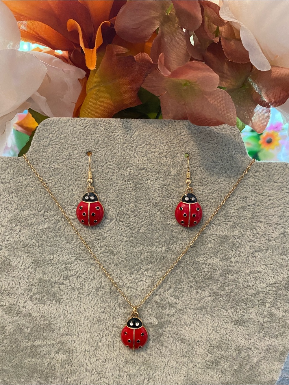 New Ladybug Pendant Necklace and Dangle Earrings - Red and Black Enamel